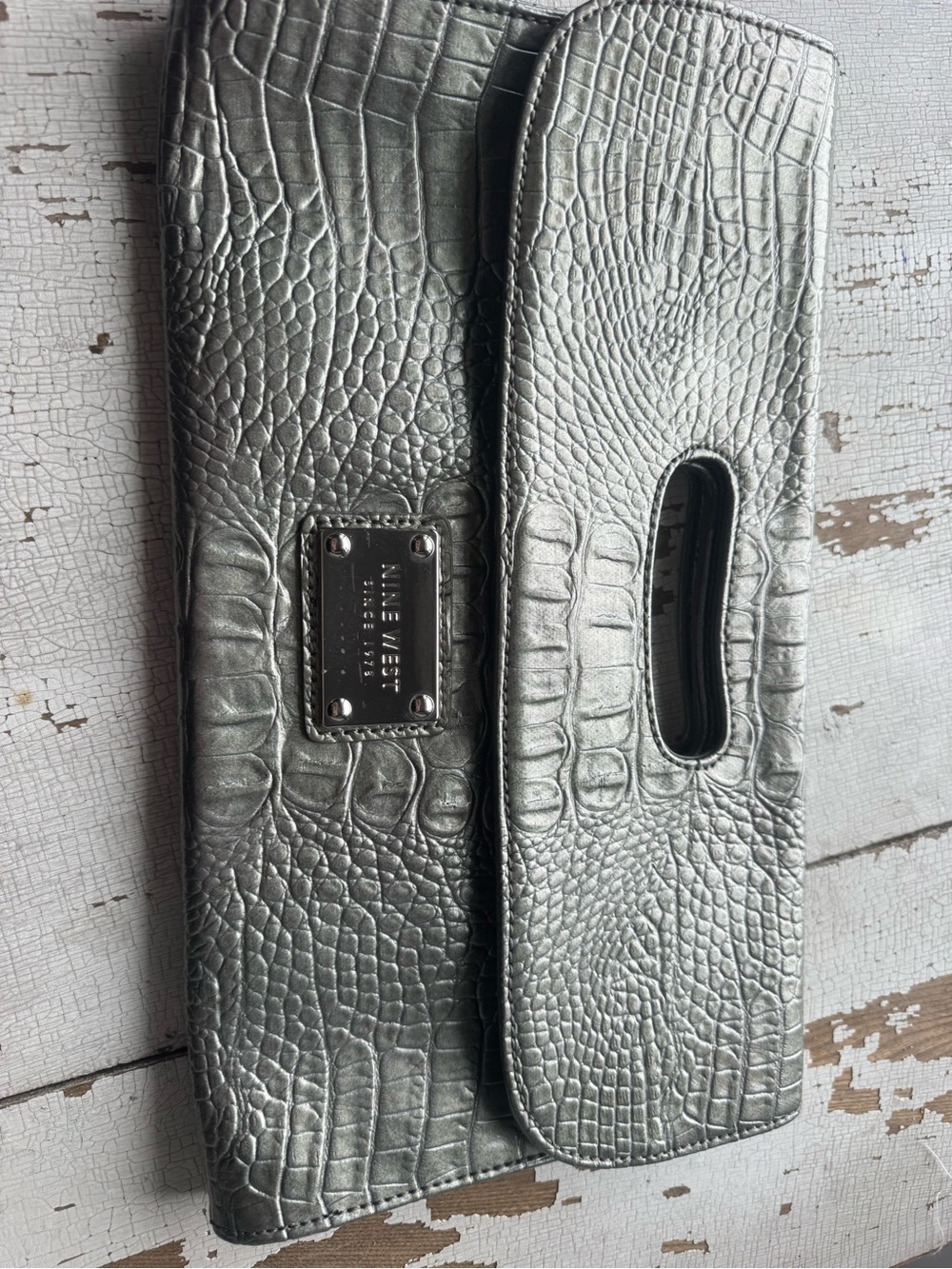 Nine West Silver Croc-Embossed Wristlet Clutch
